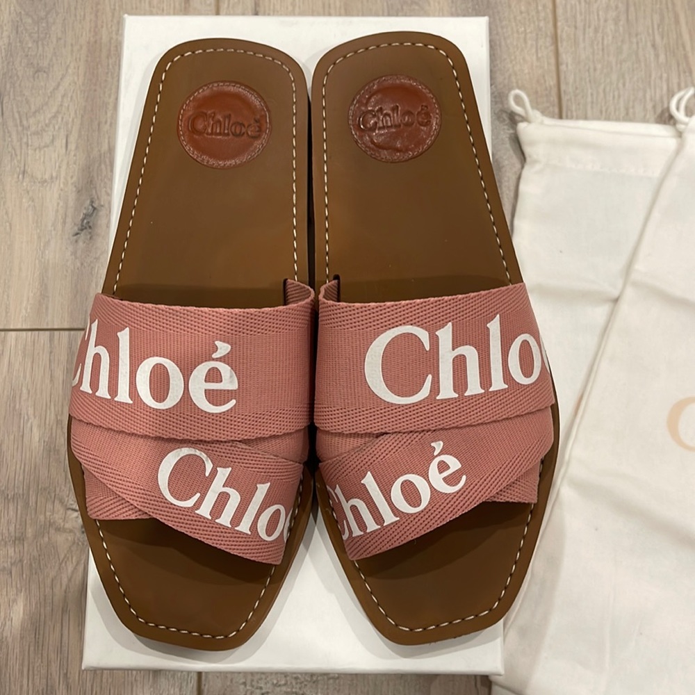 Chloe women’s woody square toe logo slide sandal